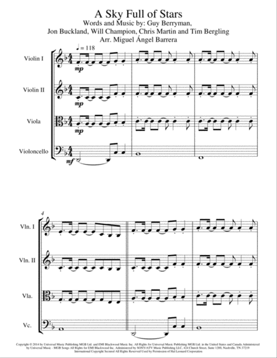 A Sky Full Of Stars String Quartet scores gallery preview page 3