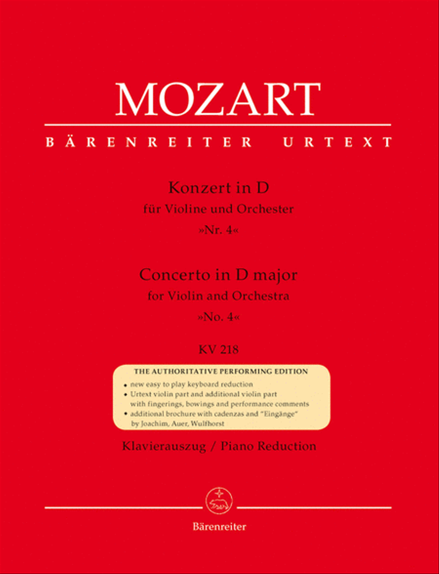 Book cover for Concerto for Violin and Orchestra, No. 4 D major, KV 218