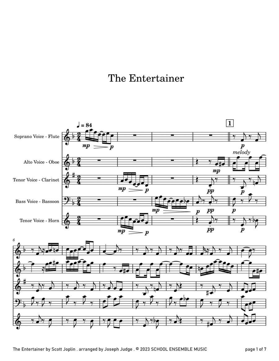 The Entertainer by Scott Joplin for Woodwind Quartet in Schools Woodwind Quartet scores gallery preview page 1