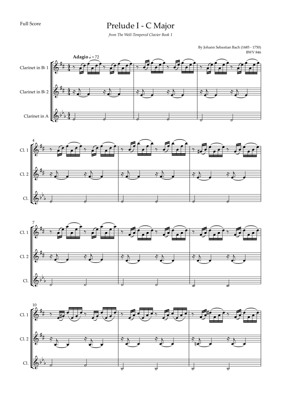 Prelude 1 in C Major BWV 846 (from Well-Tempered Clavier Book 1) for Clarinet Trio Clarinet Trio scores gallery preview page 1