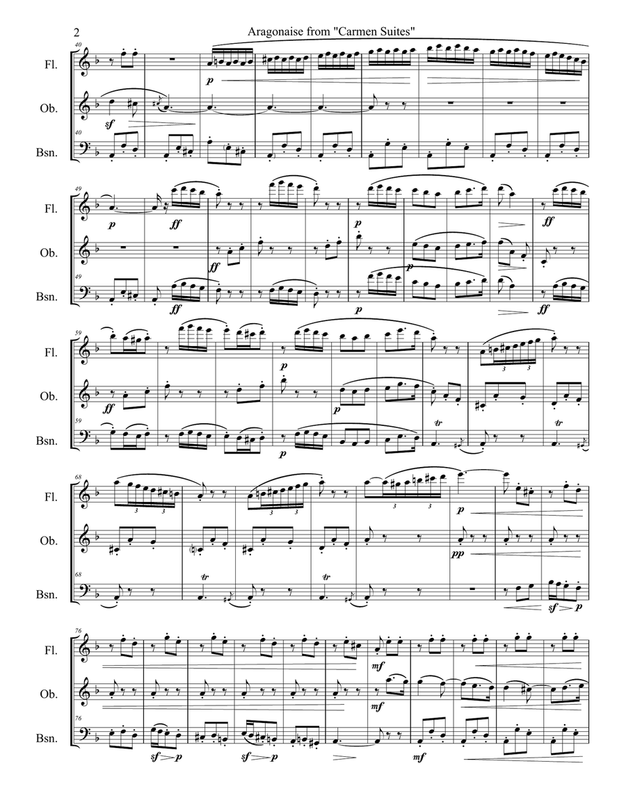 Aragonaise from Carmen - woodwind trio (flute, oboe, bassoon) Woodwind Trio scores gallery preview page 2