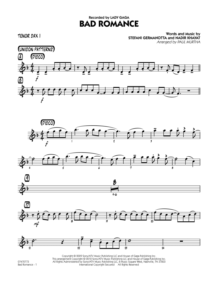 Bad Romance - Tenor Sax 1 Jazz Ensemble scores gallery preview page 1