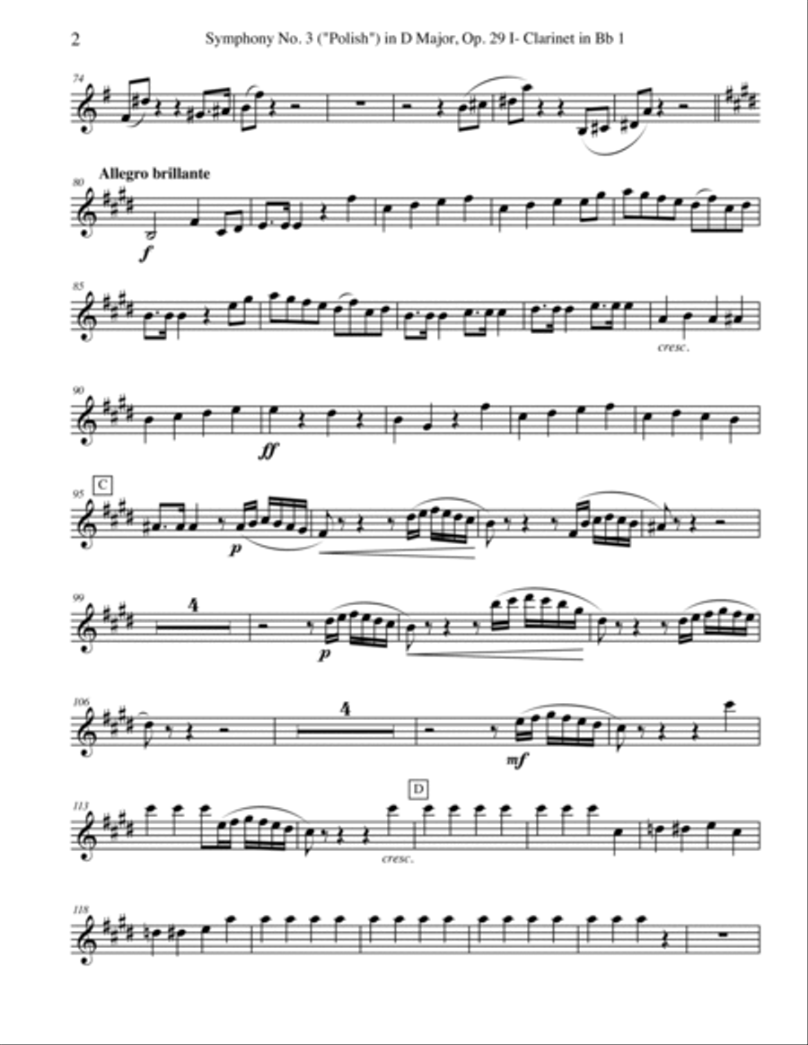 Tchaikovsky Symphony No. 3, Movement I - Clarinet in Bb 1 (Transposed Part), Op. 29 B-Flat Clarinet scores gallery preview page 2