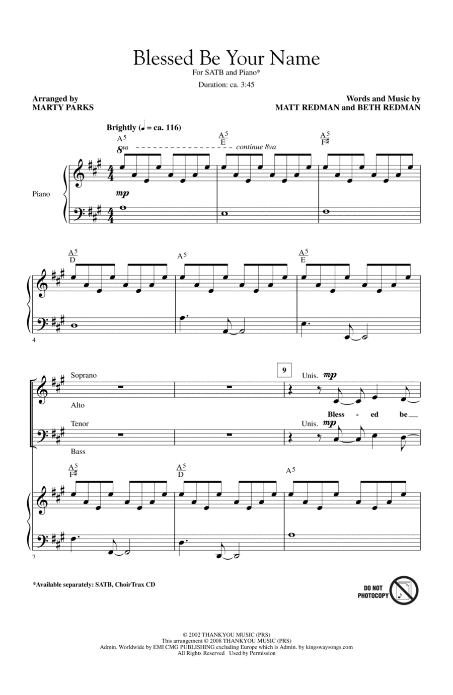 Blessed Be Your Name (arr. Marty Parks) 4-Part scores gallery preview page 1