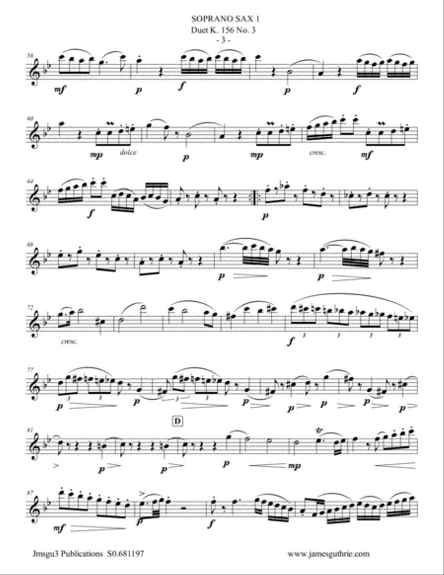 Mozart: 3 Duets K. 156 Complete for Soprano Sax Duo Woodwind Duet scores gallery preview page 3