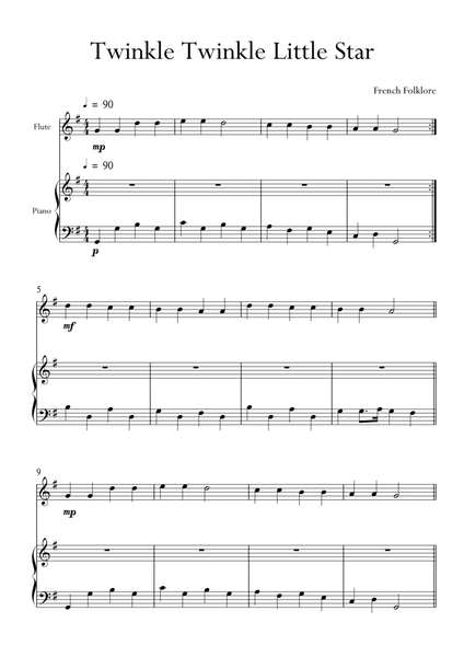 Twinkle Twinkle Little Star for Flute and Piano in G Major. Very Easy. image number null