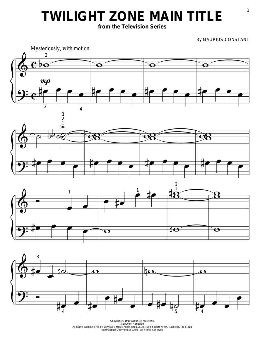 Twilight Zone Main Title Easy Piano scores gallery preview page 1