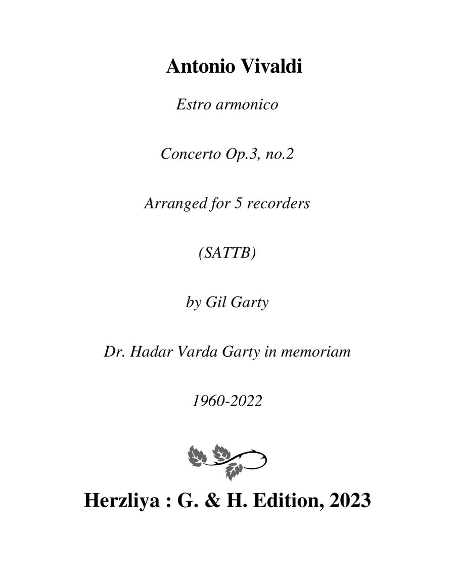 Estro armonico, Concerto, Op.3, no.2 (Arrangement for 5 recorders (SATTB or SATT and cello)) SATTB scores gallery preview page 1