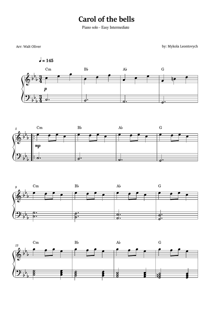 Carol of The Bells - Easy Intermediate Piano - in C minor Piano Solo scores gallery preview page 1