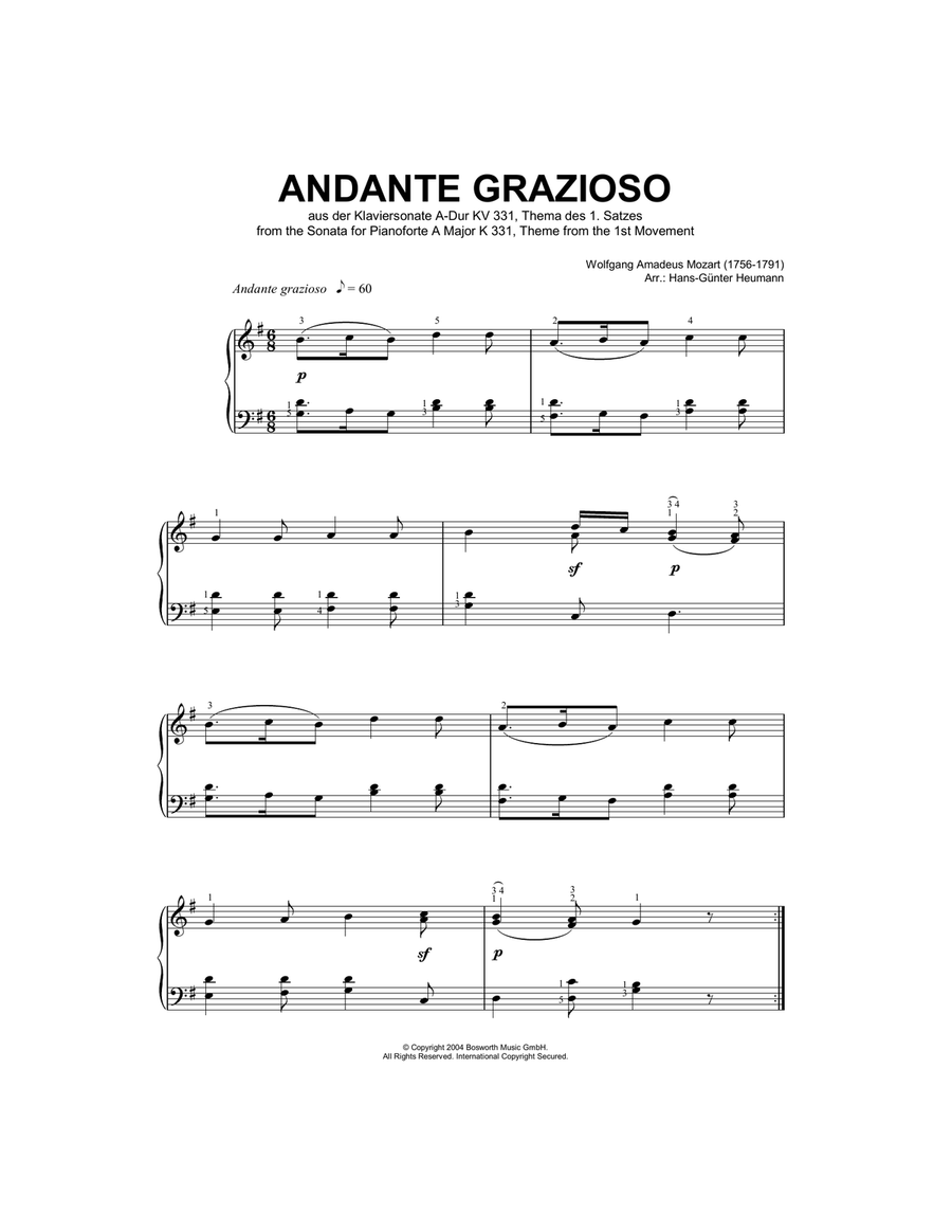 Andante Grazioso (Theme from Piano Sonata In A, K331) (arr. Hans-Gunter Heumann) Piano Solo scores gallery preview page 1