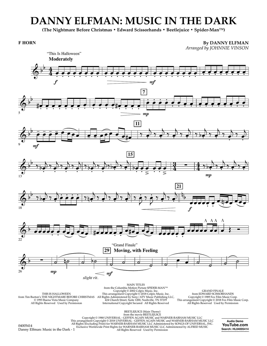 Danny Elfman: Music in the Dark - F Horn Concert Band scores gallery preview page 1