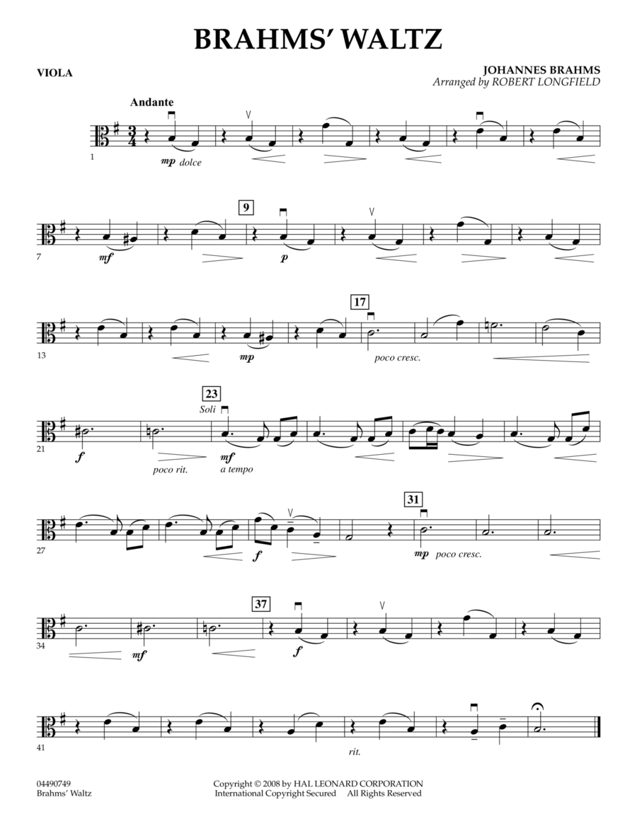 Brahms' Waltz - Viola Brahms' Waltz - Viola Orchestra scores gallery preview page 1