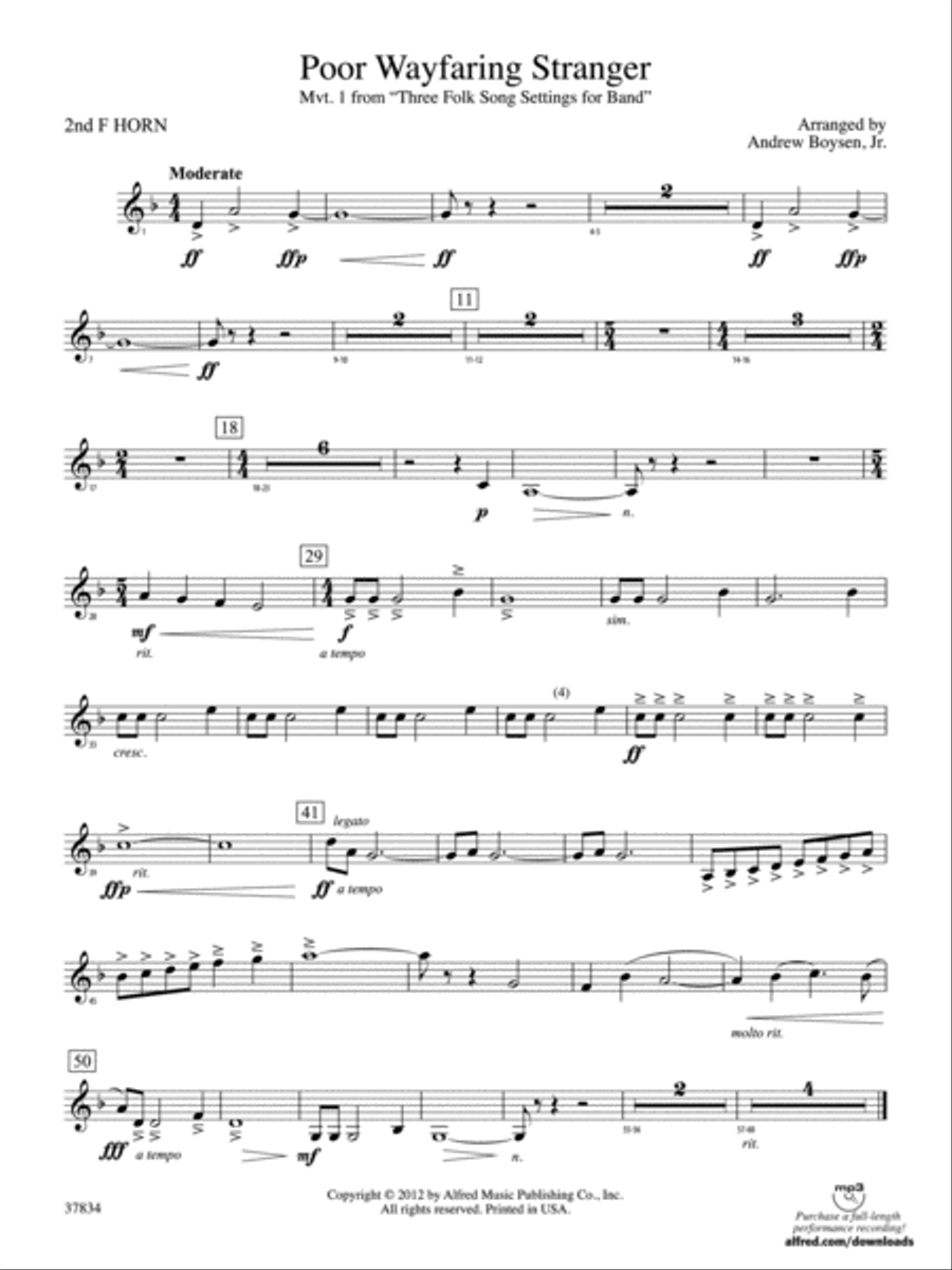 Poor Wayfaring Stranger: 2nd F Horn Concert Band scores gallery preview page 1