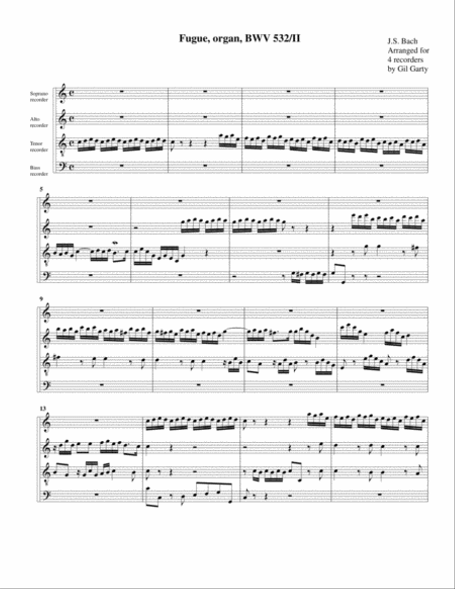 Fugue for organ, BWV 532/II (arrangement for 4 recorders) Recorder scores gallery preview page 1