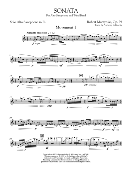 Sonata for Alto Saxophone, Op. 29 - Solo Eb Alto Saxophone