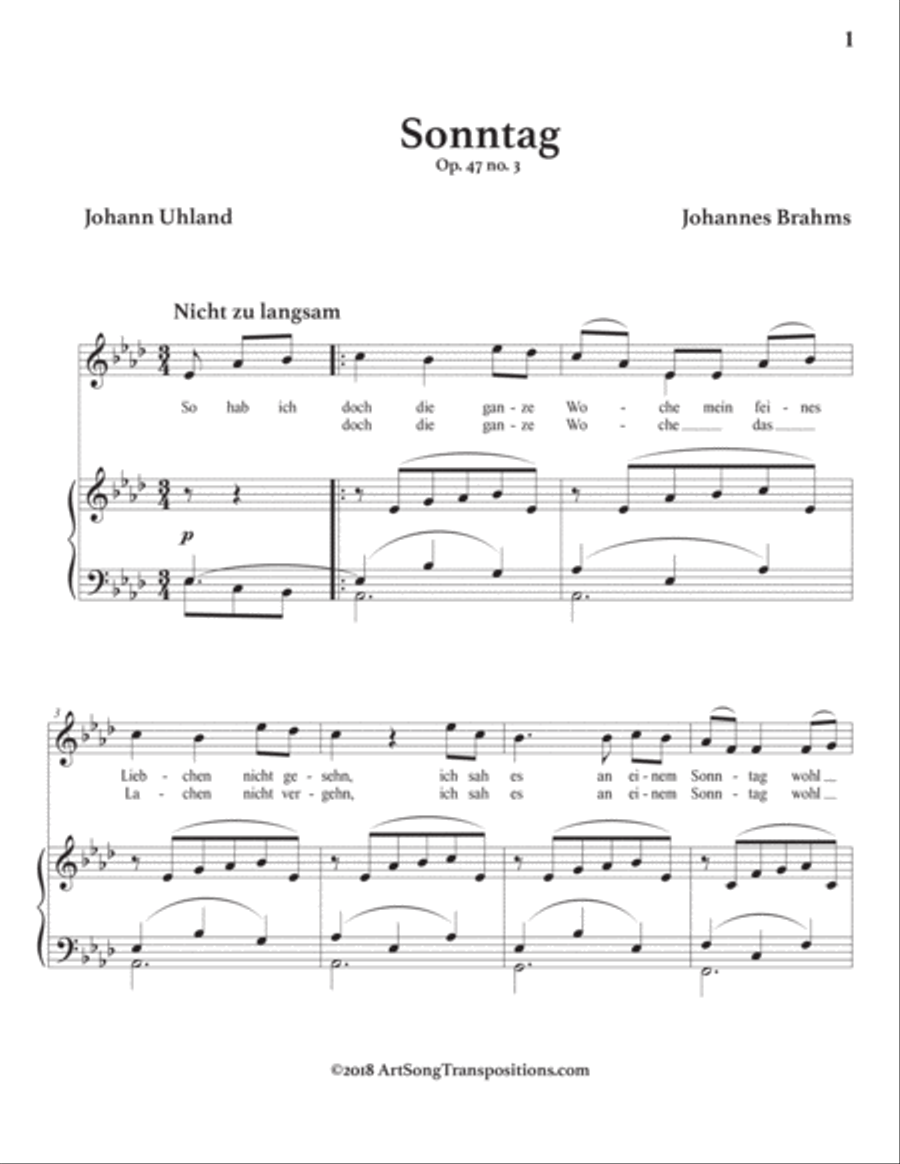 BRAHMS: Sonntag, Op. 47 no. 3 (transposed to A-flat major) Voice scores gallery preview page 2