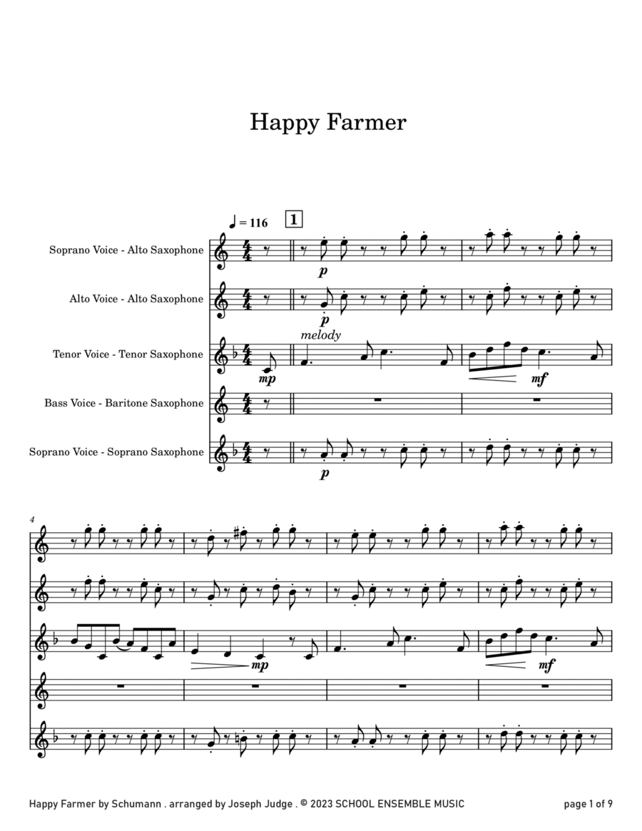 Happy Farmer by Schumann for Saxophone Quartet in Schools Saxophone Quartet scores gallery preview page 1
