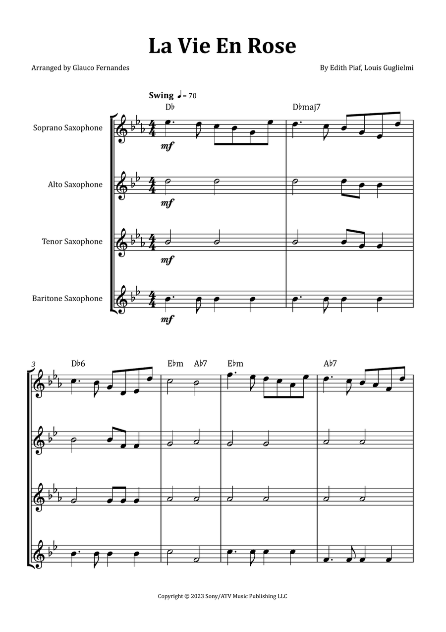 La Vie En Rose by Edith Piaf Saxophone Quartet - Digital Sheet Music