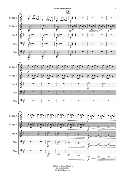 Carol Of The Bells - Brass Quintet (Full Score) - Score Only image number null