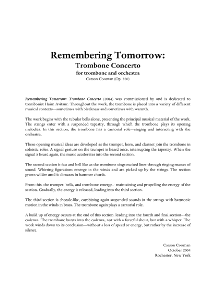 Carson Cooman: Remembering Tomorrow: Trombone Concerto (2004) for trombone and orchestra), score plu Full Orchestra scores gallery preview page 4