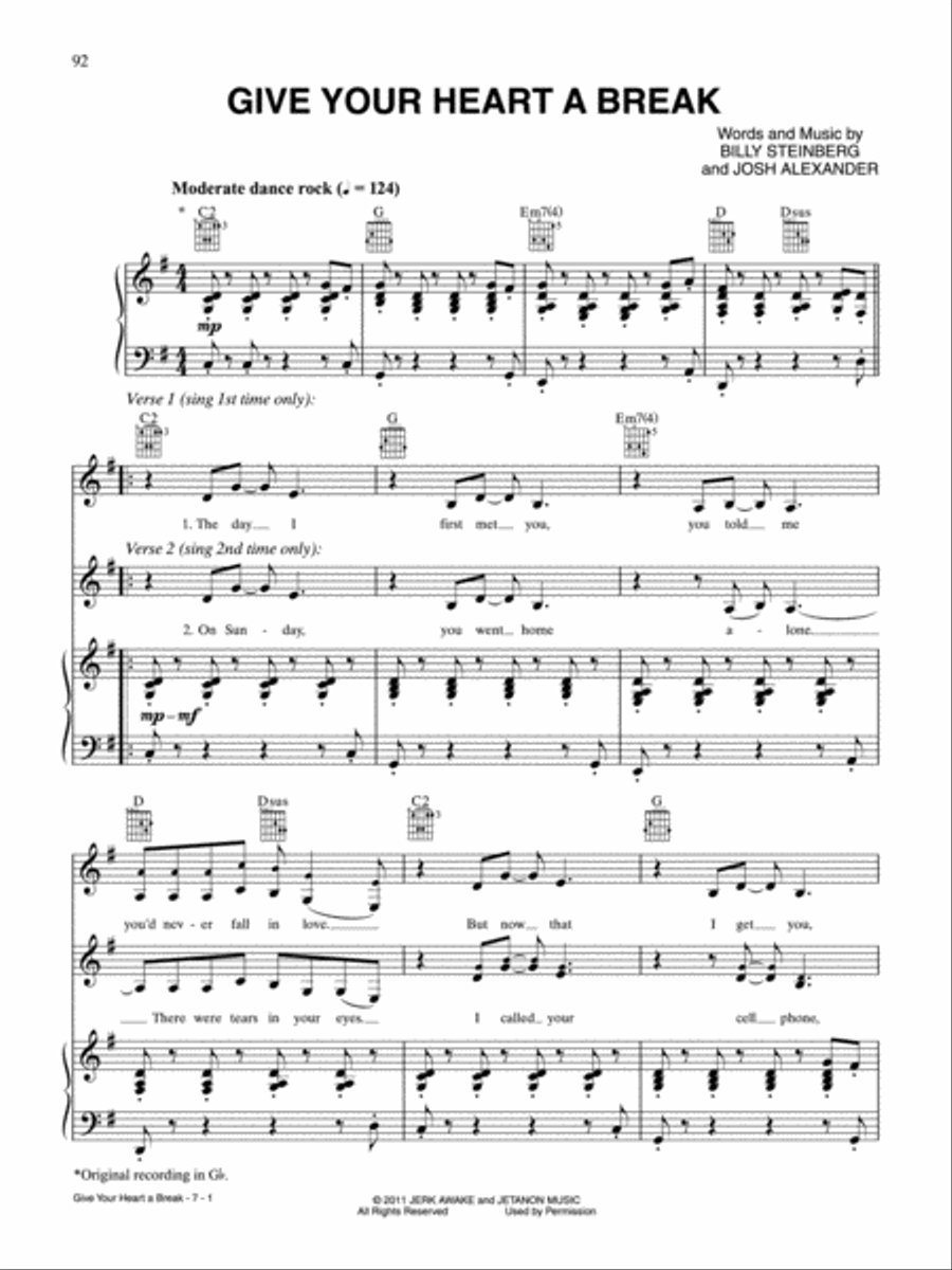 Give Your Heart a Break Piano, Vocal, Guitar scores gallery preview page 1