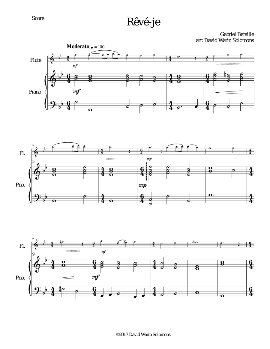 Rêvé-je (Am I dreaming) for flute and piano Flute Solo scores gallery preview page 1