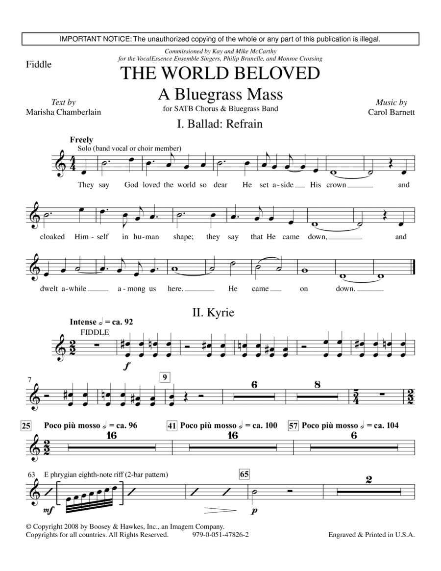 The World Beloved: A Bluegrass Mass - Fiddle Choir scores gallery preview page 1