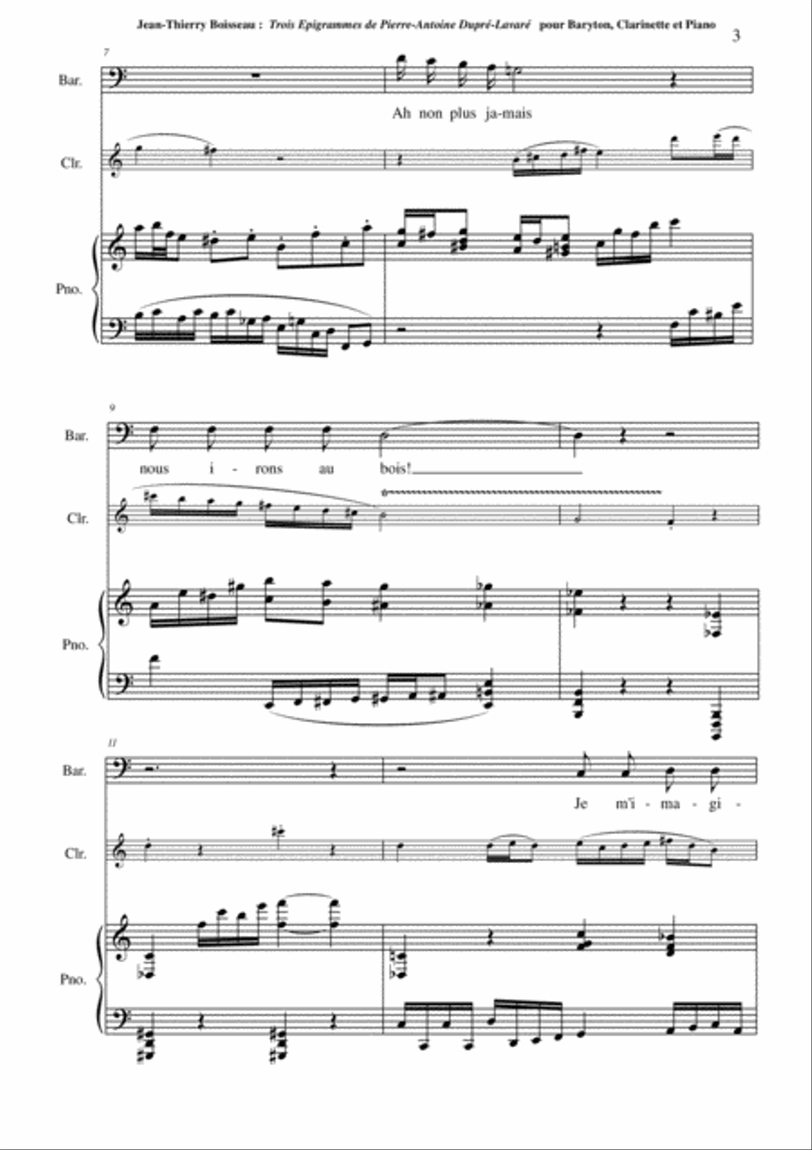 Jean-Thierry Boisseau: Trois Épigrammes de Pierre-Antoine Dupré-Lavaré for baritone, Bb clarinet and Small Ensemble scores gallery preview page 3