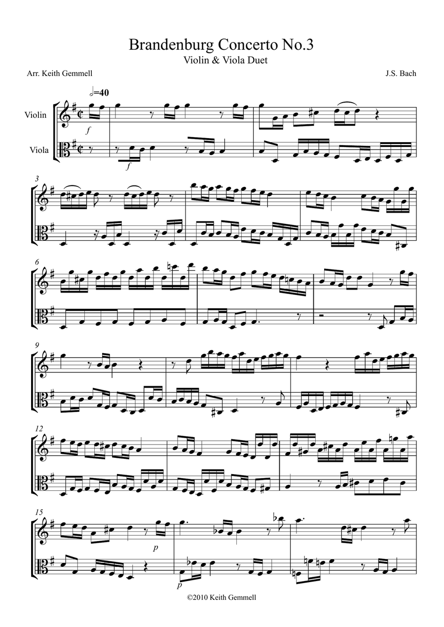 Brandenburg Concerto No. 3: Violin & Viola Duet String Duet scores gallery preview page 1