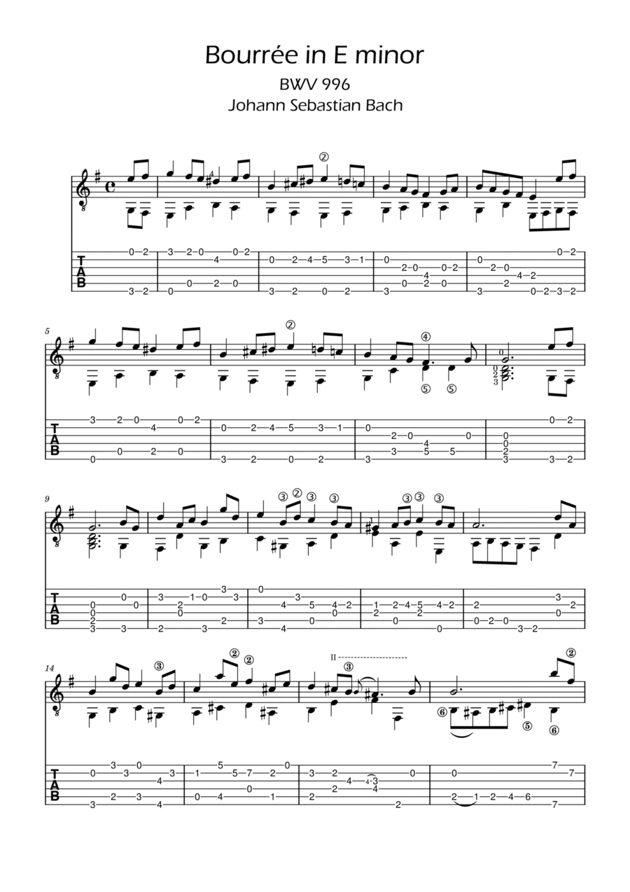 Bach Bourree in E minor with TABs, BWV 996 Acoustic Guitar scores gallery preview page 1