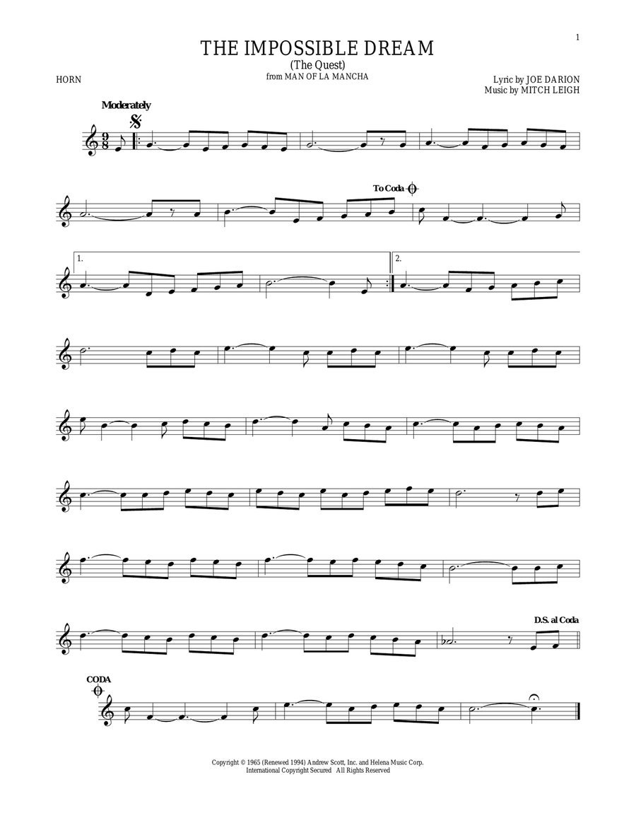 The Impossible Dream (The Quest) Horn Solo scores gallery preview page 1