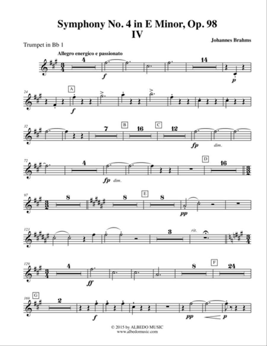 Brahms Symphony No. 4, Movement IV - Trumpet in Bb 1 (Transposed Part), Op. 98 B-Flat Trumpet scores gallery preview page 1
