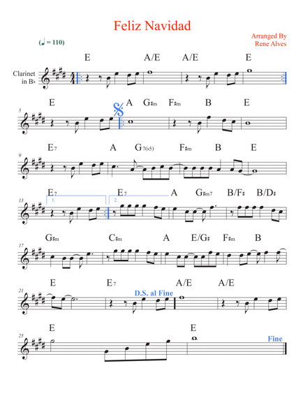 Feliz navidad, cipher music and melody for clarinet in Bb (easy). image number null