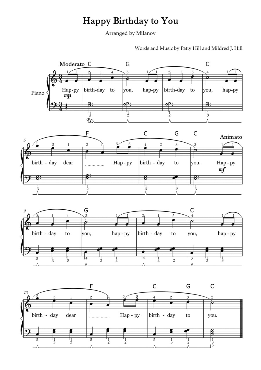 Happy Birthday to You in C Easy Intermediate Piano Chord Full Fingering Lyrics Pedal Easy Piano scores gallery preview page 1