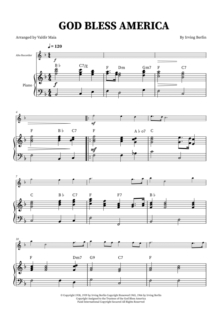 God Bless America ® Alto Recorder scores gallery preview page 1