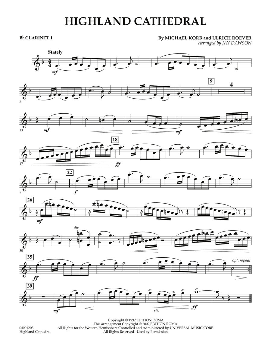 Highland Cathedral - Bb Clarinet 1 Concert Band scores gallery preview page 1