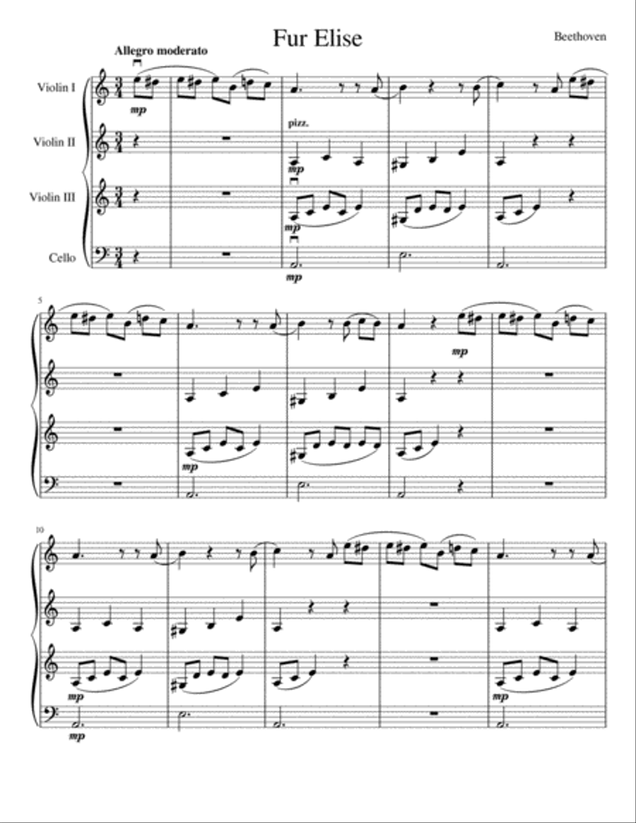 Theme from Für Elise (three violins and cello) String Quartet scores gallery preview page 2