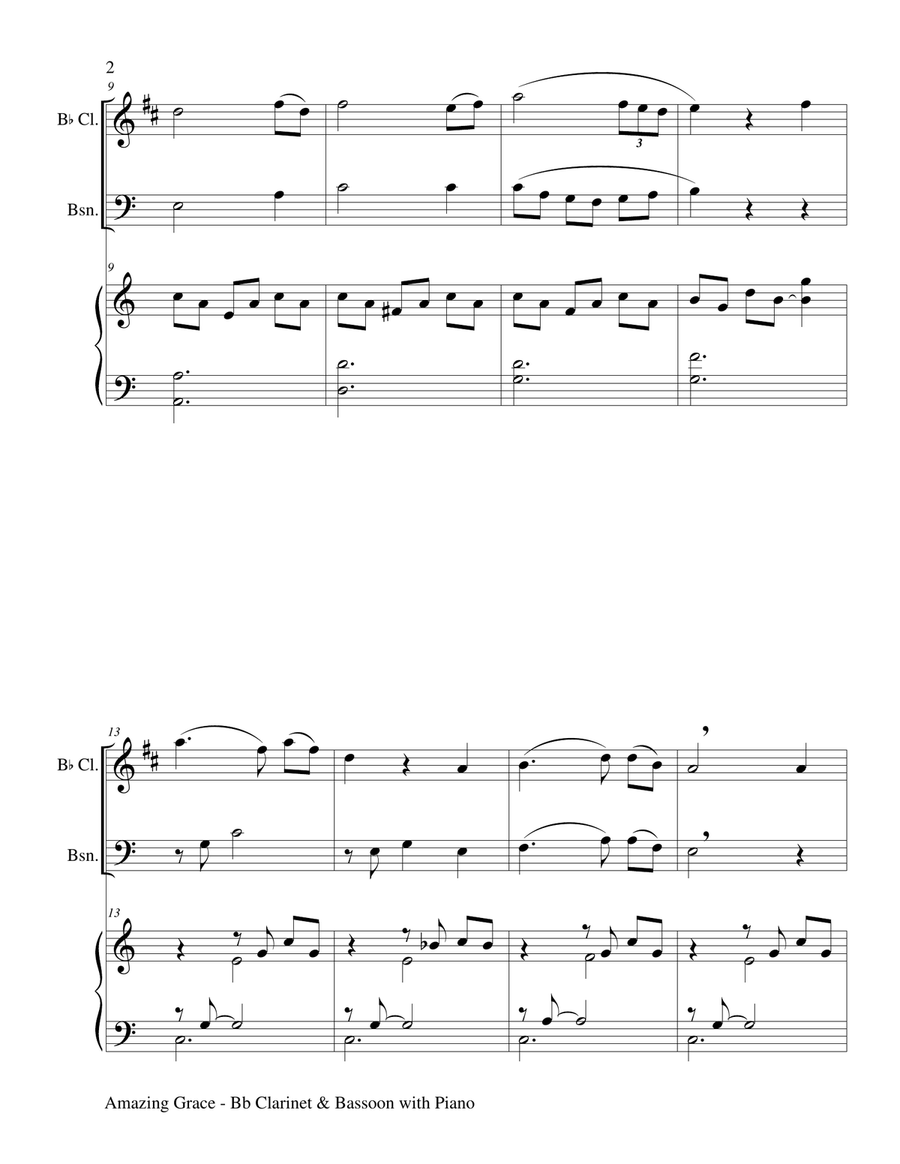 AMAZING GRACE (Bb Clarinet & Bassoon with Piano - Score & Parts included) Woodwind Duet scores gallery preview page 3