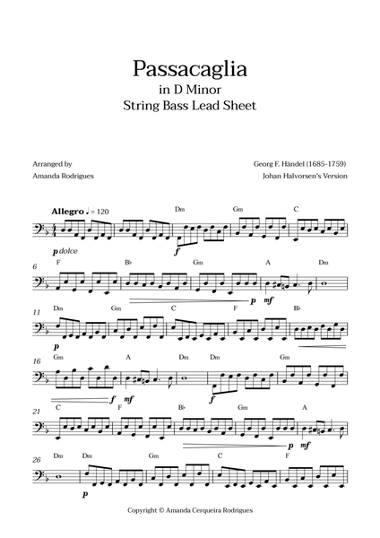 Passacaglia - Easy String Bass Lead Sheet in Dm Minor (Johan Halvorsen's Version) image number null