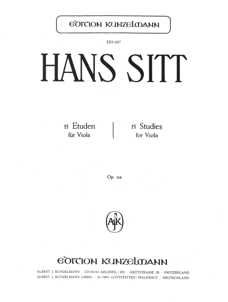 15 studies for viola by Hans Sitt Viola Solo - Sheet Music