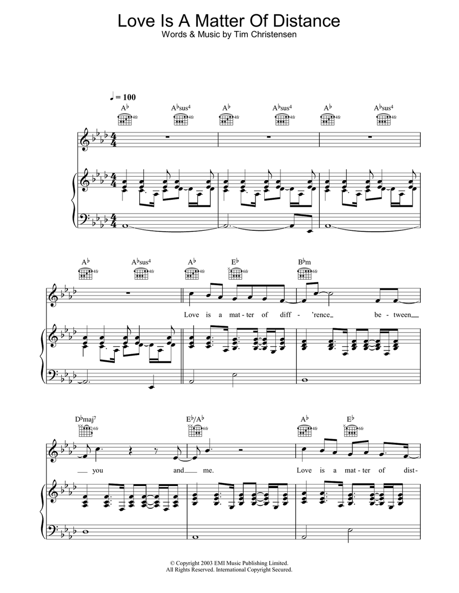 Love Is A Matter Of Distance Piano, Vocal, Guitar scores gallery preview page 1