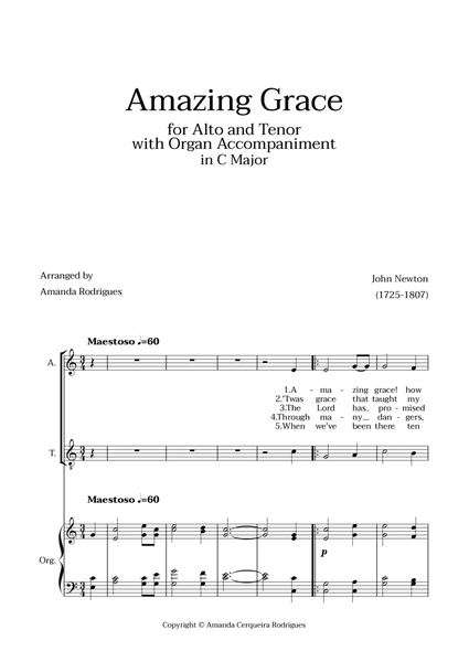 Amazing Grace in C Major - Alto and Tenor with Organ Accompaniment image number null