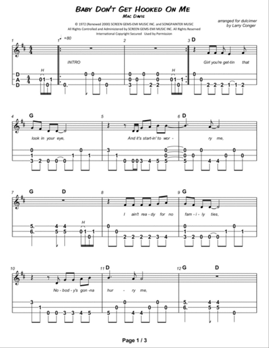 Baby Don't Get Hooked On Me Dulcimer scores gallery preview page 2