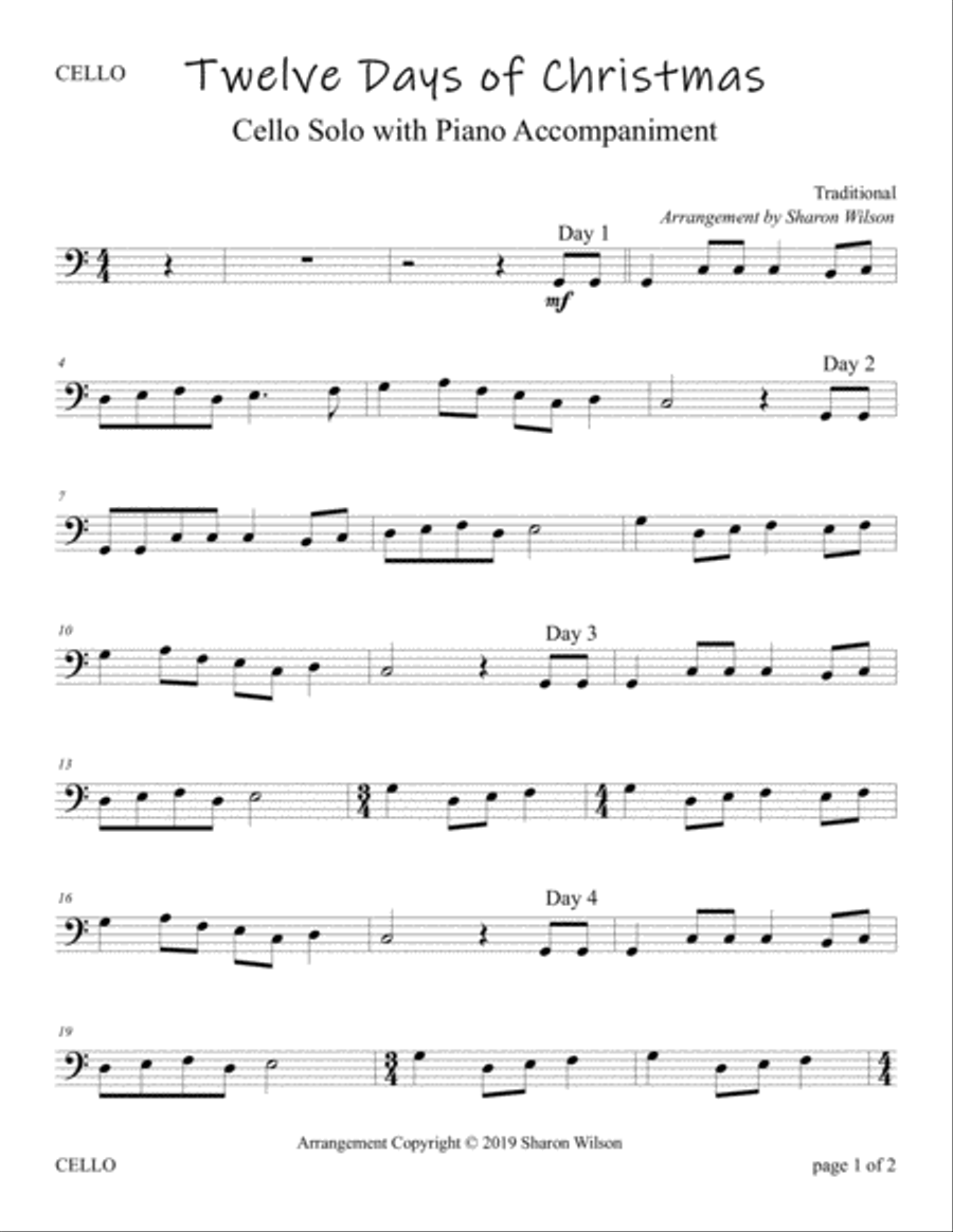 The Twelve Days of Christmas (Easy Cello Solo with Piano Accompaniment) Piano scores gallery preview page 2