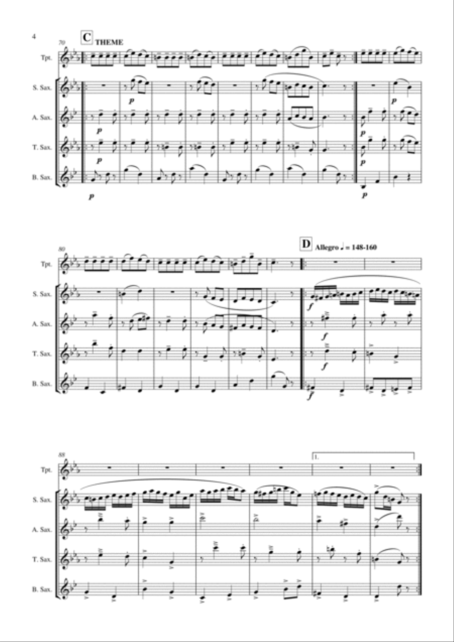 Grand Russian Fantasie for Solo Trumpet and Saxophone Quartet Woodwind Quartet scores gallery preview page 5