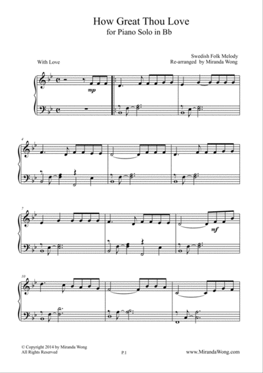 How Great Thou Love - Easy Piano Solo in Bb Key (Church Music) Easy Piano scores gallery preview page 1