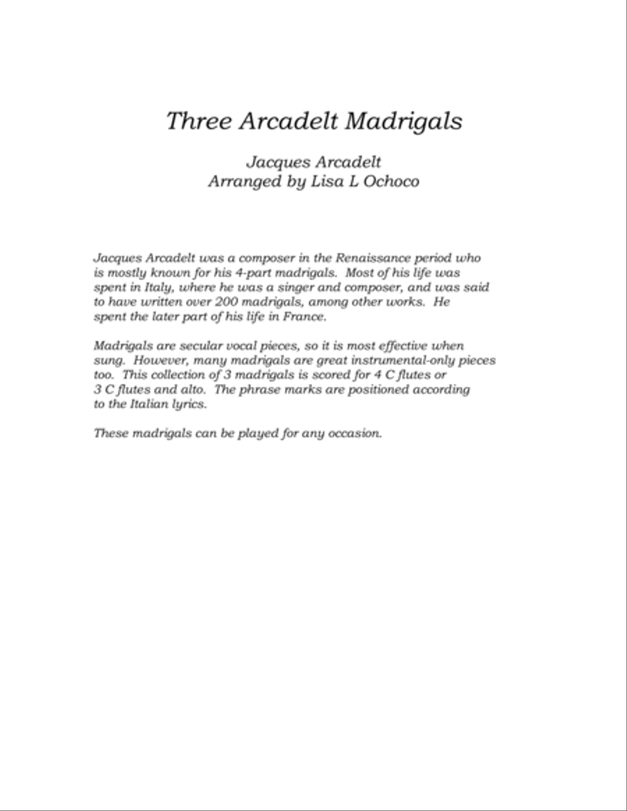 Three Arcadelt Madrigals for Flute Quartet image number null