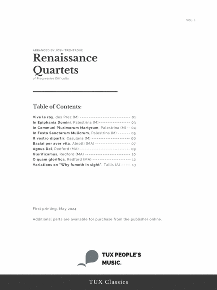 Renaissance Quartets of Progressive Difficulty, Volume 1