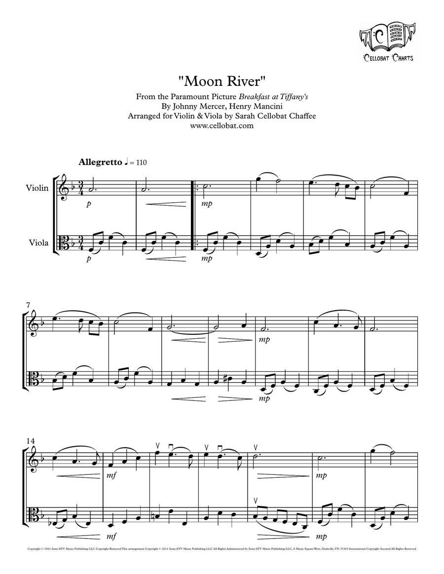 Moon River by Henry Mancini String Duet - Digital Sheet Music