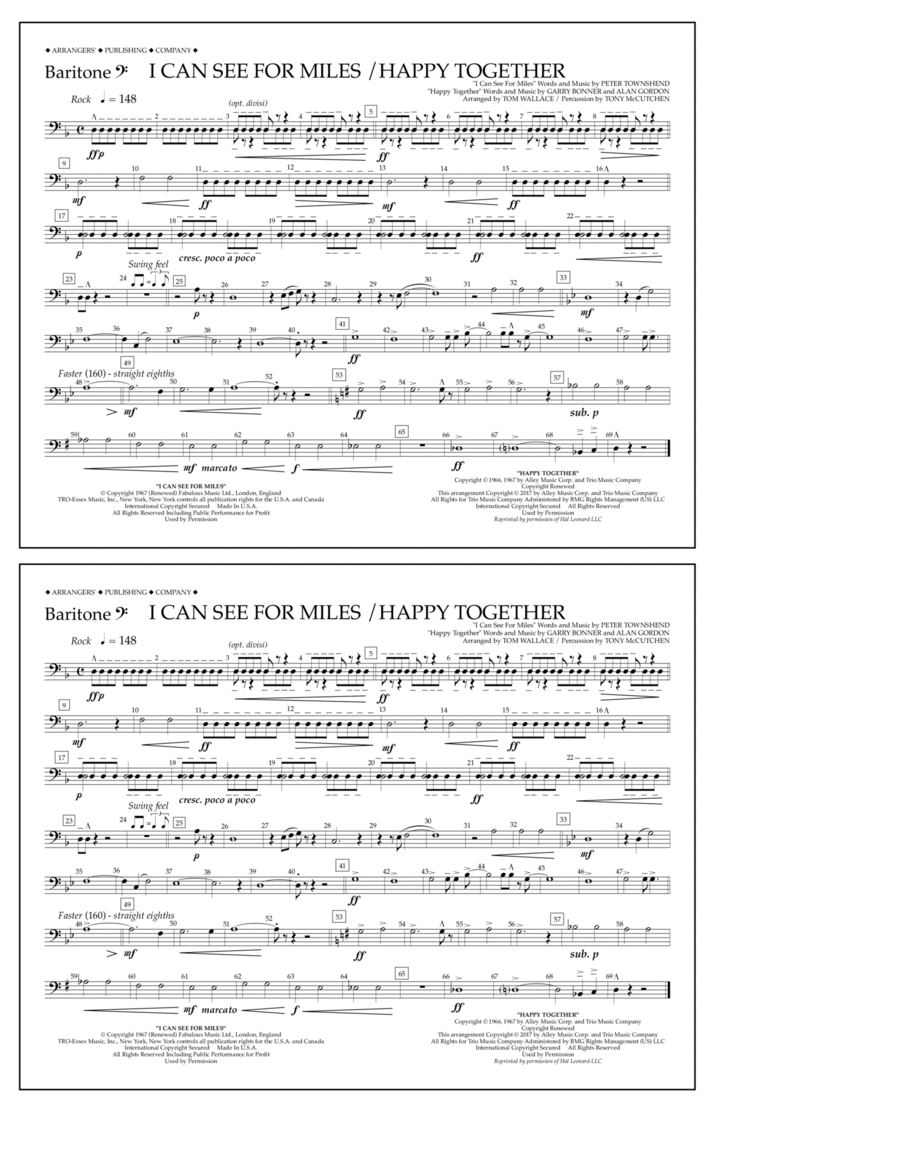 I Can See for Miles/Happy Together - Baritone B.C. Marching Band scores gallery preview page 1